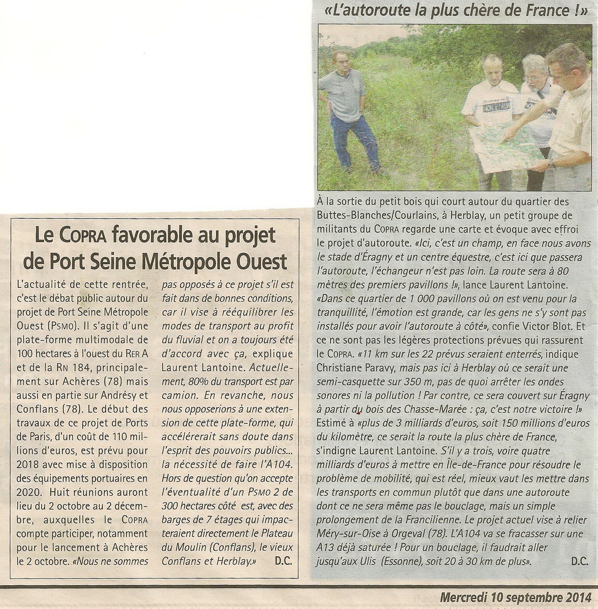 Le COPRA favorable au Port Seine Métropole Ouest La Gazette du Val d'Oise du 10 septembre 2014