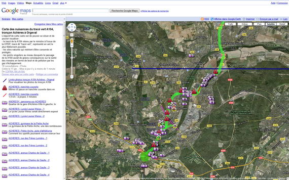 carte des nuisances tracé vert A104, tronçon de Achères à Orgeval Visualisation de la Carte des nuisance tracé vert A104 avec Google Maps