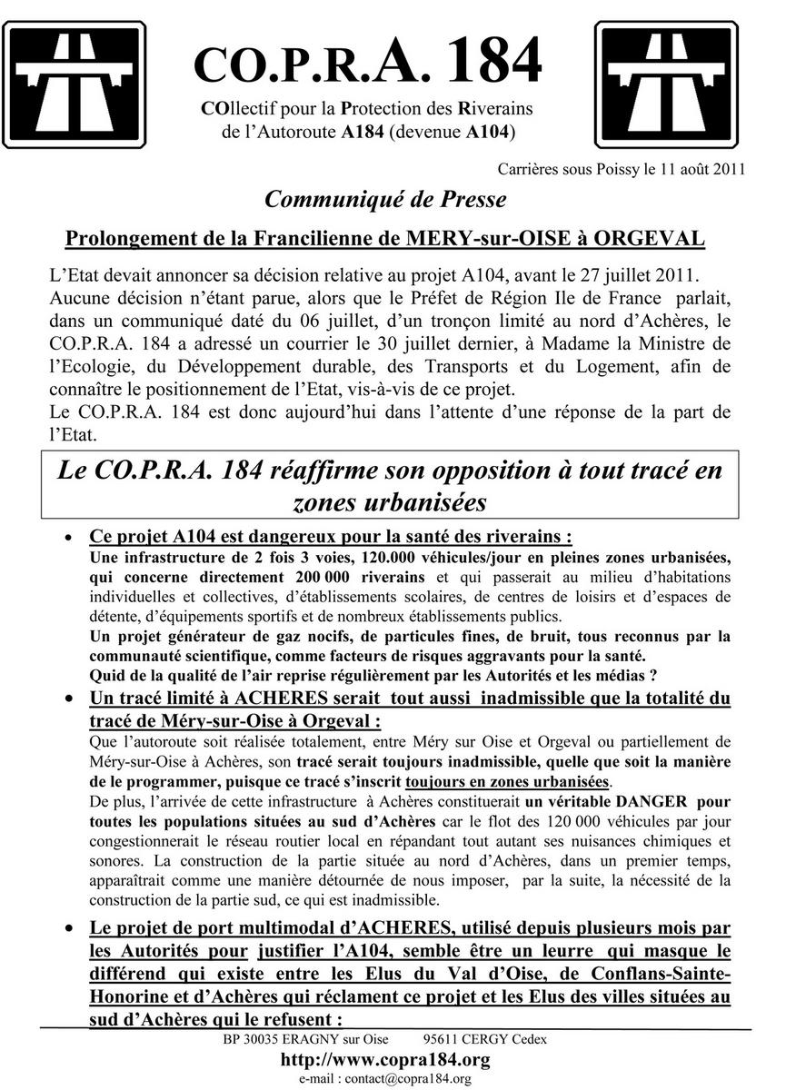 recto communiqué de presse COPRA 184 d'Août 2011