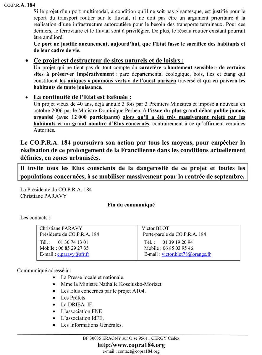 Verso Communiqué de presse COPRA 184 d'août 2011