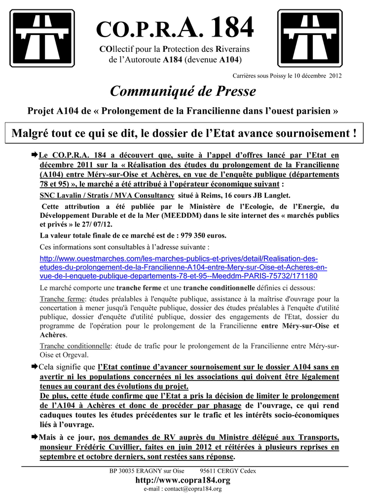 Communiqué de presse COPRA 184 de décembre 2012 - Recto