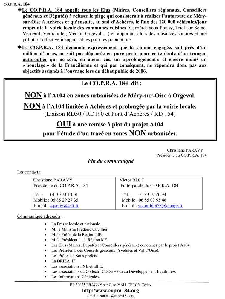 Communiqué de presse COPRA 184 de décembre 2012 - Verso Communiqué de presse COPRA 184 de décembre 2012 - Verso