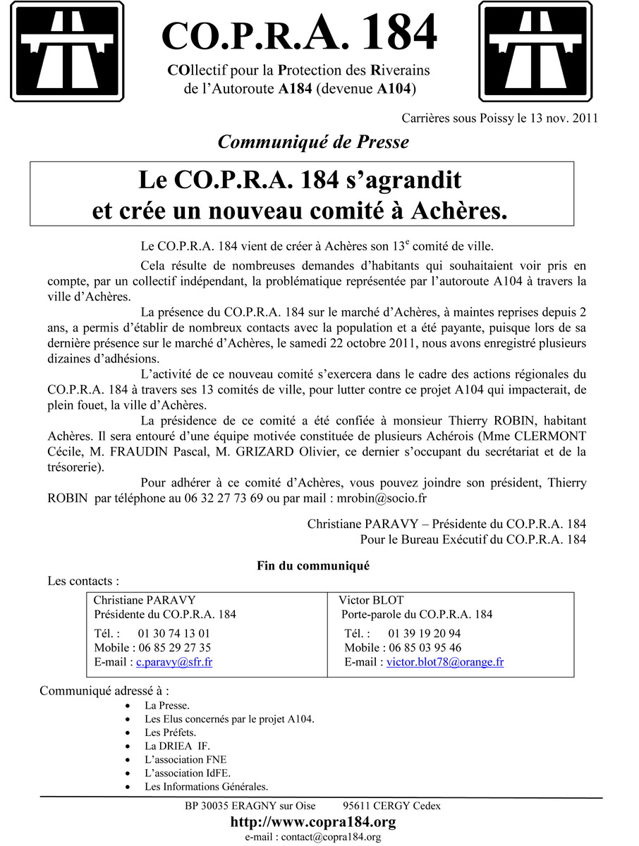 Comité d'Achères Communiqué de presse suite à création du comité de ville d'Achères
