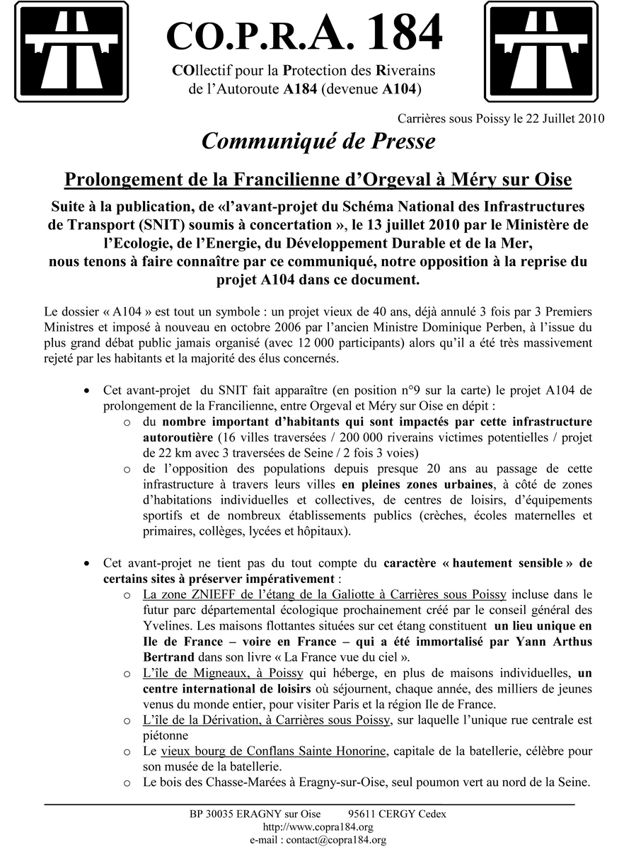 Communiqué de presse COPRA 184 juillet 2010 -1 Communiqué de presse COPRA 184 juillet 2010 -1