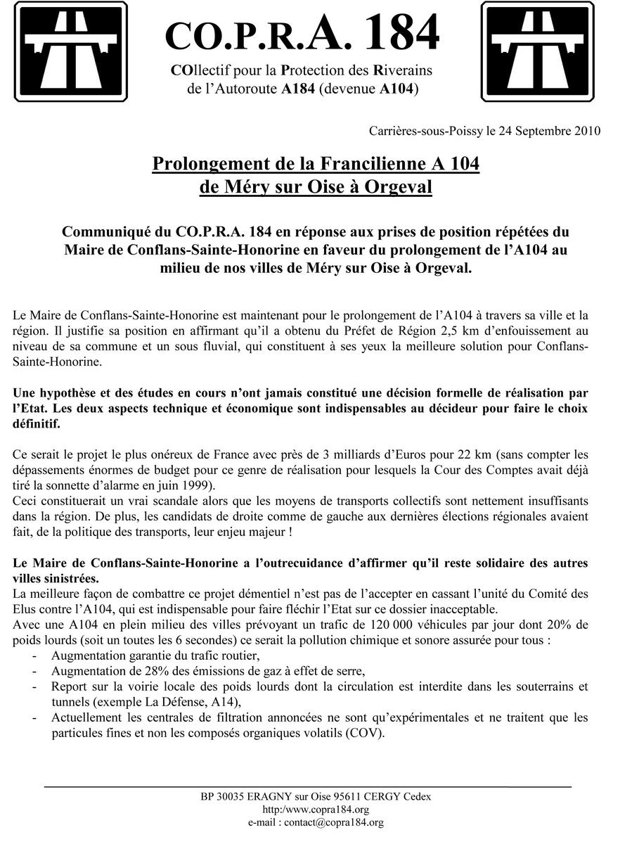 Communiqué de Presse COPRA184 24septembre 2010 en réponse aux déclarations du maire de Conflans Communiqué de presse COPRA 184 du 24 septembre 2010
