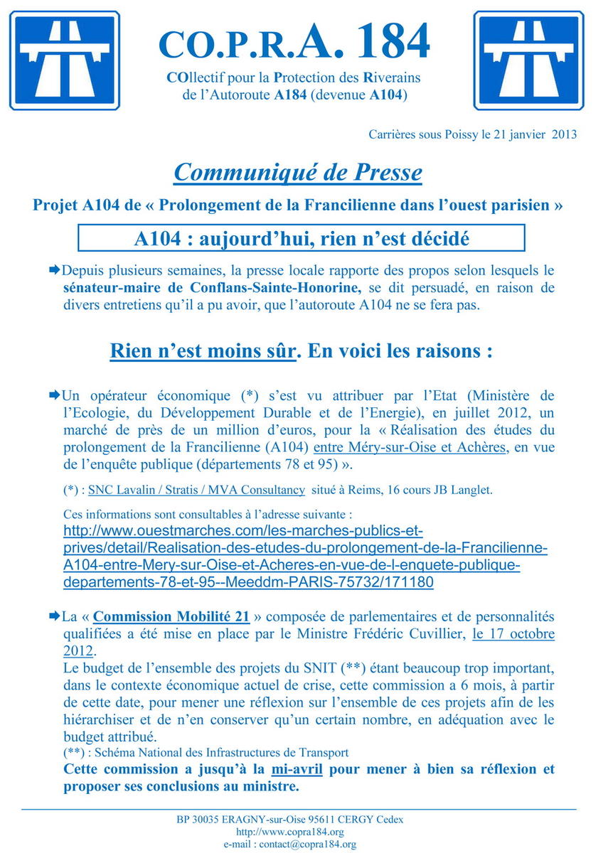 A104: rien n'est décidé Communiqué de presse COPRA 184 du 21/01/2013