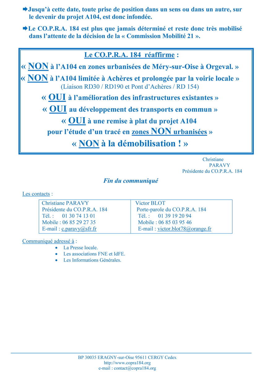 A104: rien n'est décidé Communiqué de presse COPRA 184 du 21/01/2013