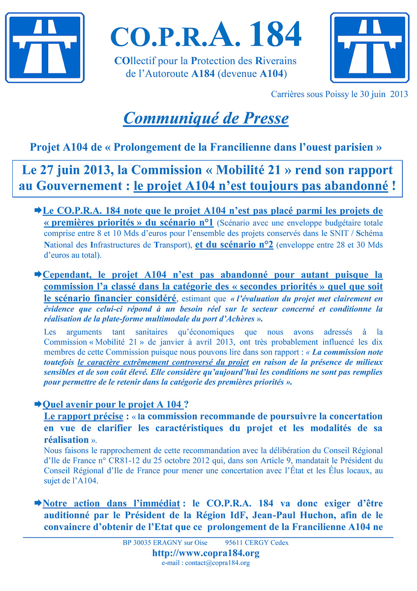 Mobilité 21 : le projet A104 n'est pas abandonné Communiqué de presse COPRA 184 du 30 juin 2013 - Recto