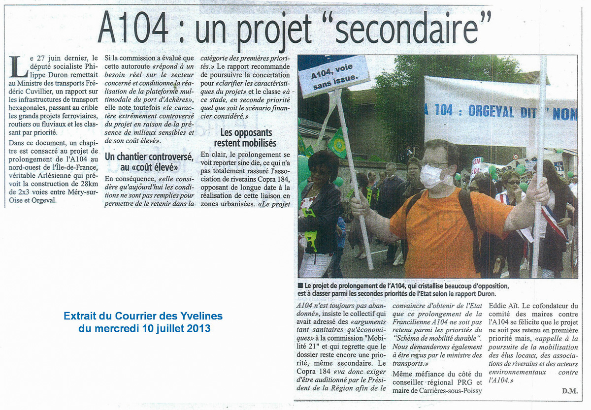 A104 : un projet "secondaire" Le Courrier des Yvelines du mercredi 10 juillet 2013