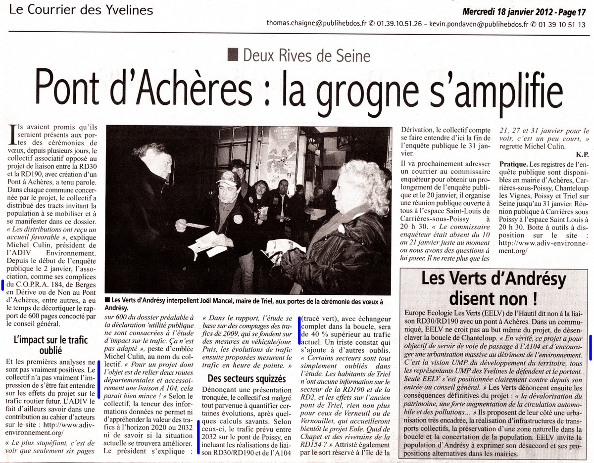 Pont d'Achères, la grogne s'amplifie Courrier des Yvelines du mercredi 18 janvier 2012