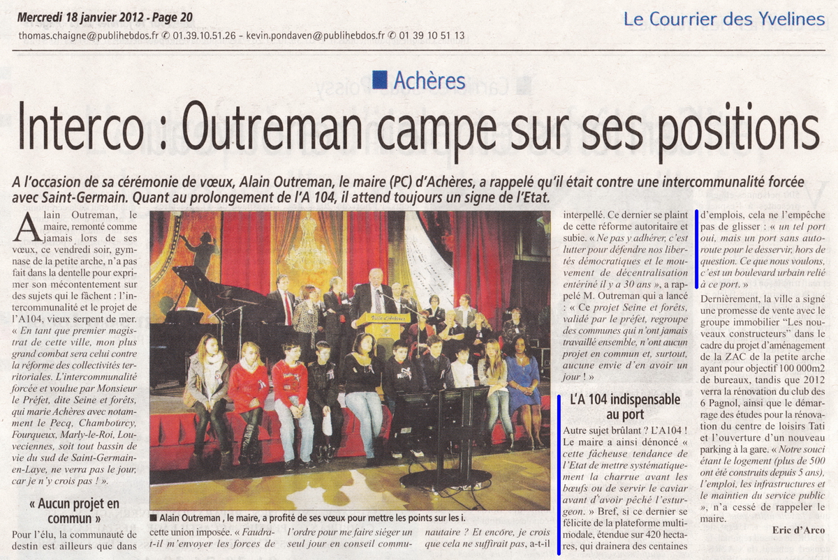 Voeux du Maire d'Achères Courrier des Yvelines du mercredi 18 janvier 2012
