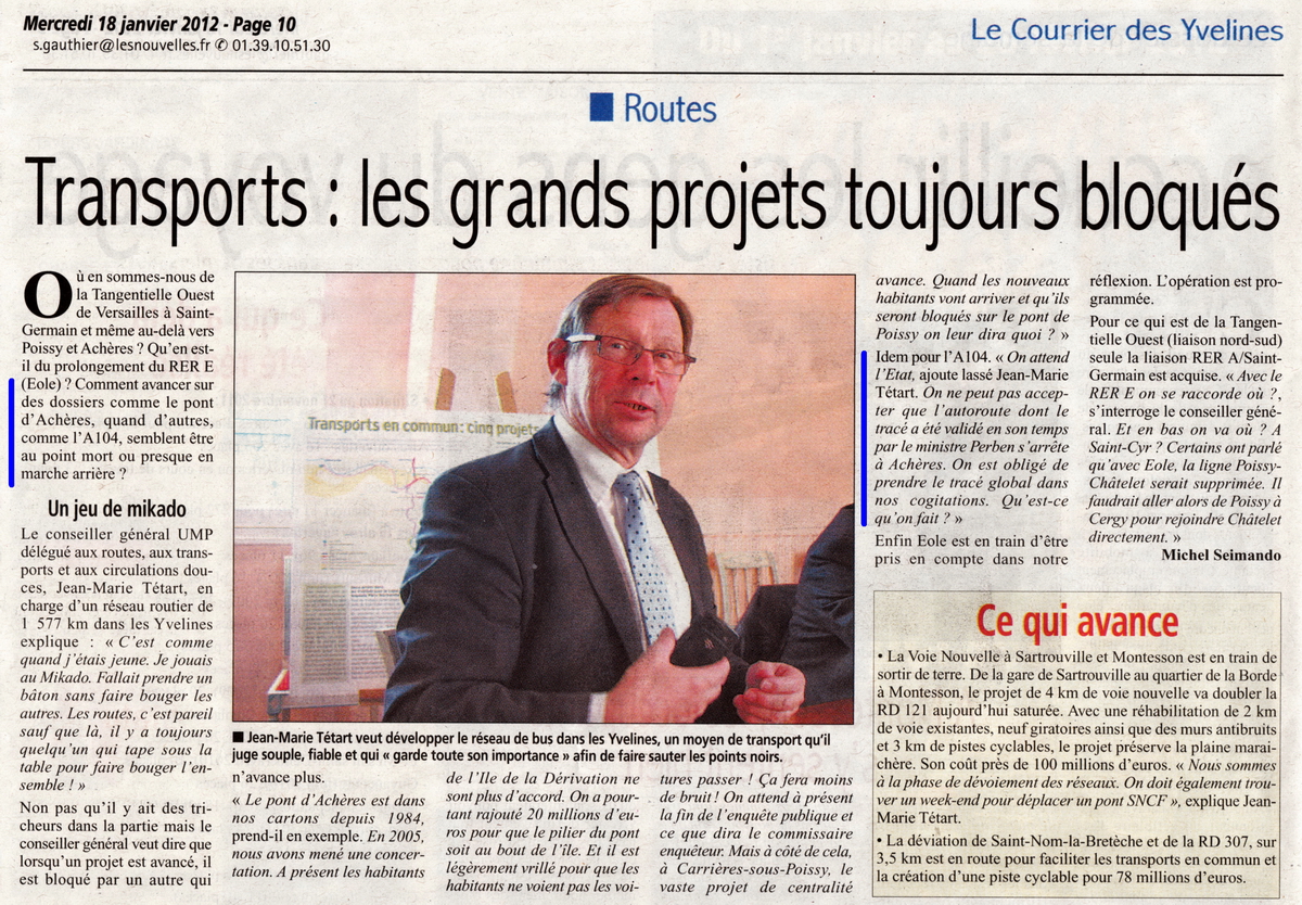 Transports : les grands projets toujours bloqués Courrier des Yvelines du mercredi 18 janvier 2012