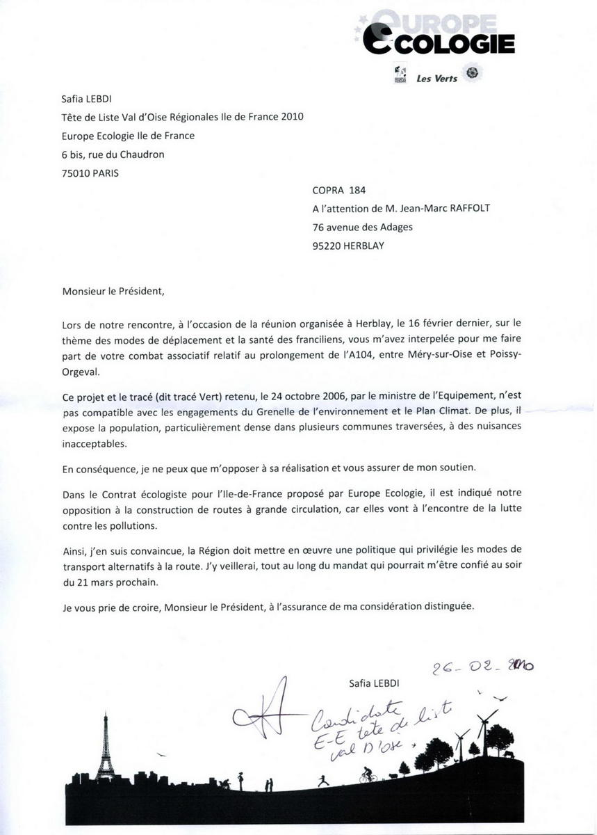 Position des candidats par rapport à l'A104 Réponse Safia LEBDI à la résolution du COPRA 184