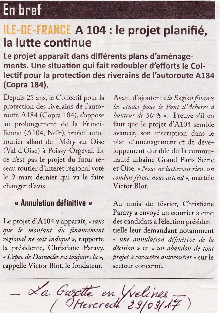 Article de La Gazette en Yvelines du mercredi 29 mars 2017