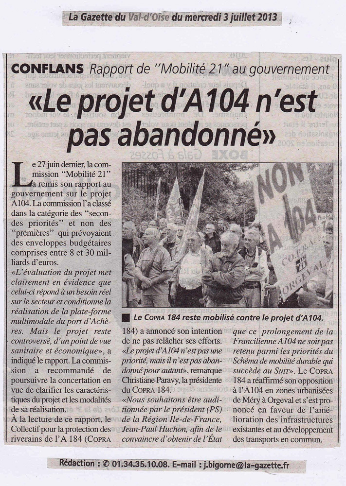 Le projet d'A104 n'est pas abandonné Gazette du Val d'Oise du mercredi 03 juillet 2013