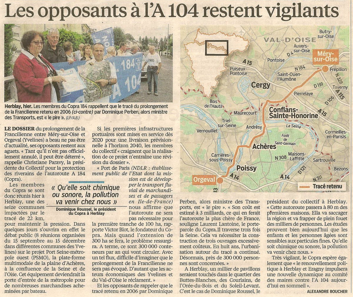 Les opposants à l'A104 restent vigilants Le Parisien Val d'Oise du 06 septembre 2014444