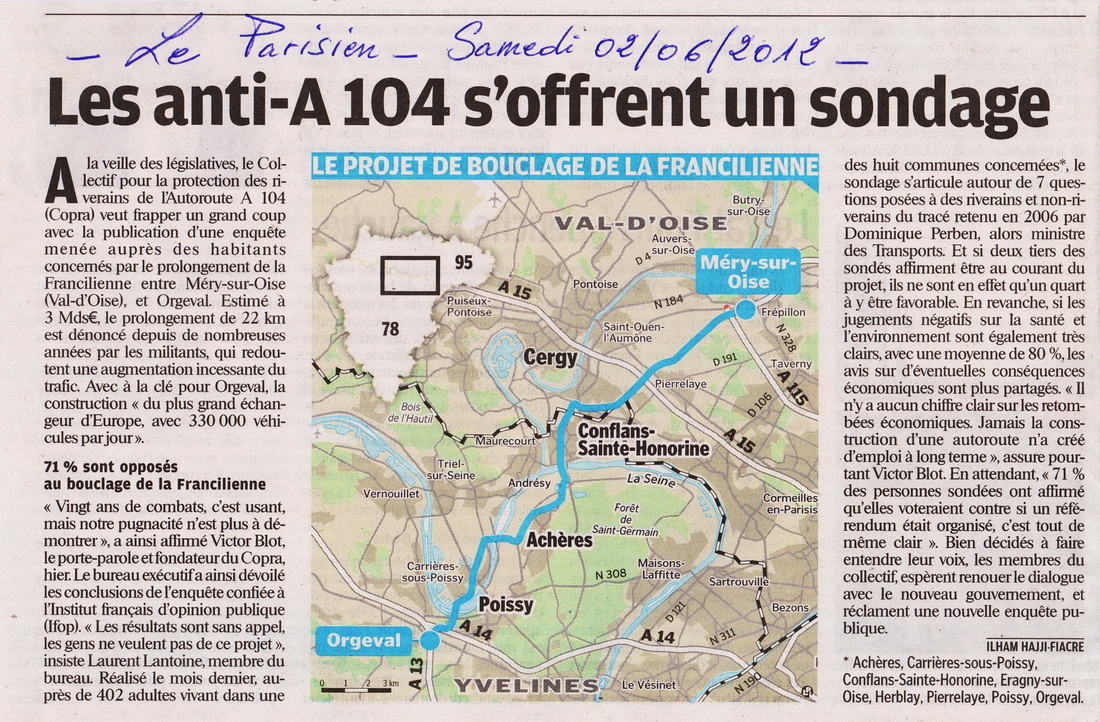 Les anti-A104 s'offrent un sondage Le Parisien du samedi 02 juin 2012
