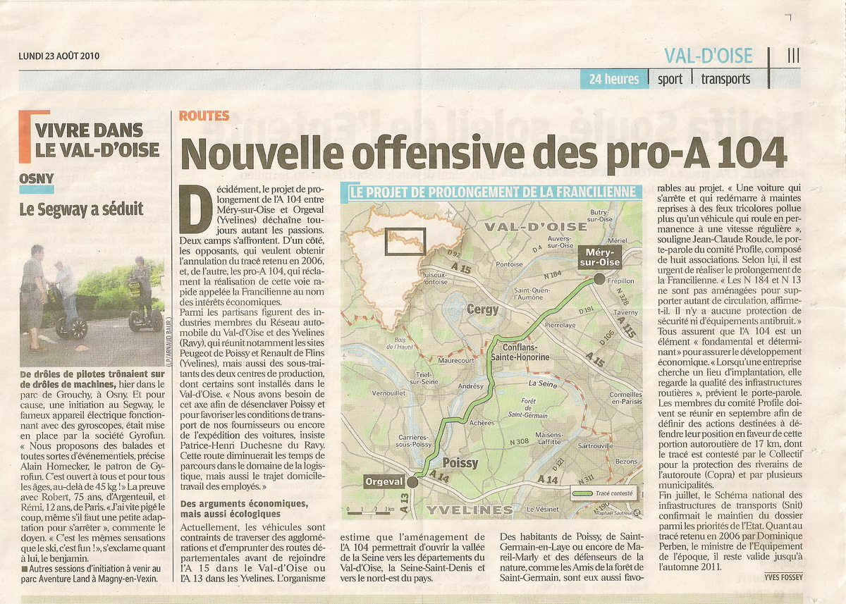 Nouvelle offensive des pro-A104 Article du Parisien du val d'Oise du 23 Août 2010