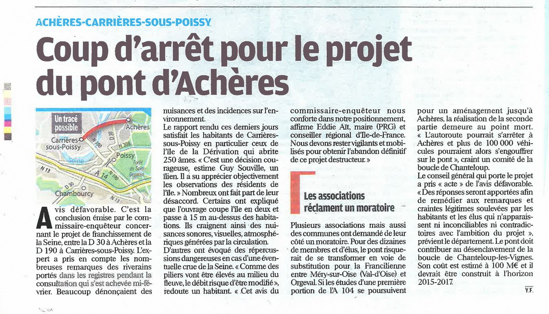Coup d'arret pour le projet du pont d'Achères Le Parisien lundi 14 mai 2012