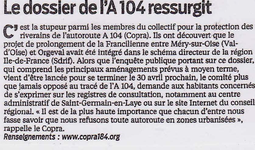 Le dossier de l'A104 ressurgit Le Parisien du lundi 15 avril 2013