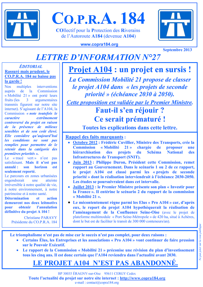 Lettre d'Information COPRA 184 n°27 - Recto Lettre d'Information COPRA 184 n°27 - Recto