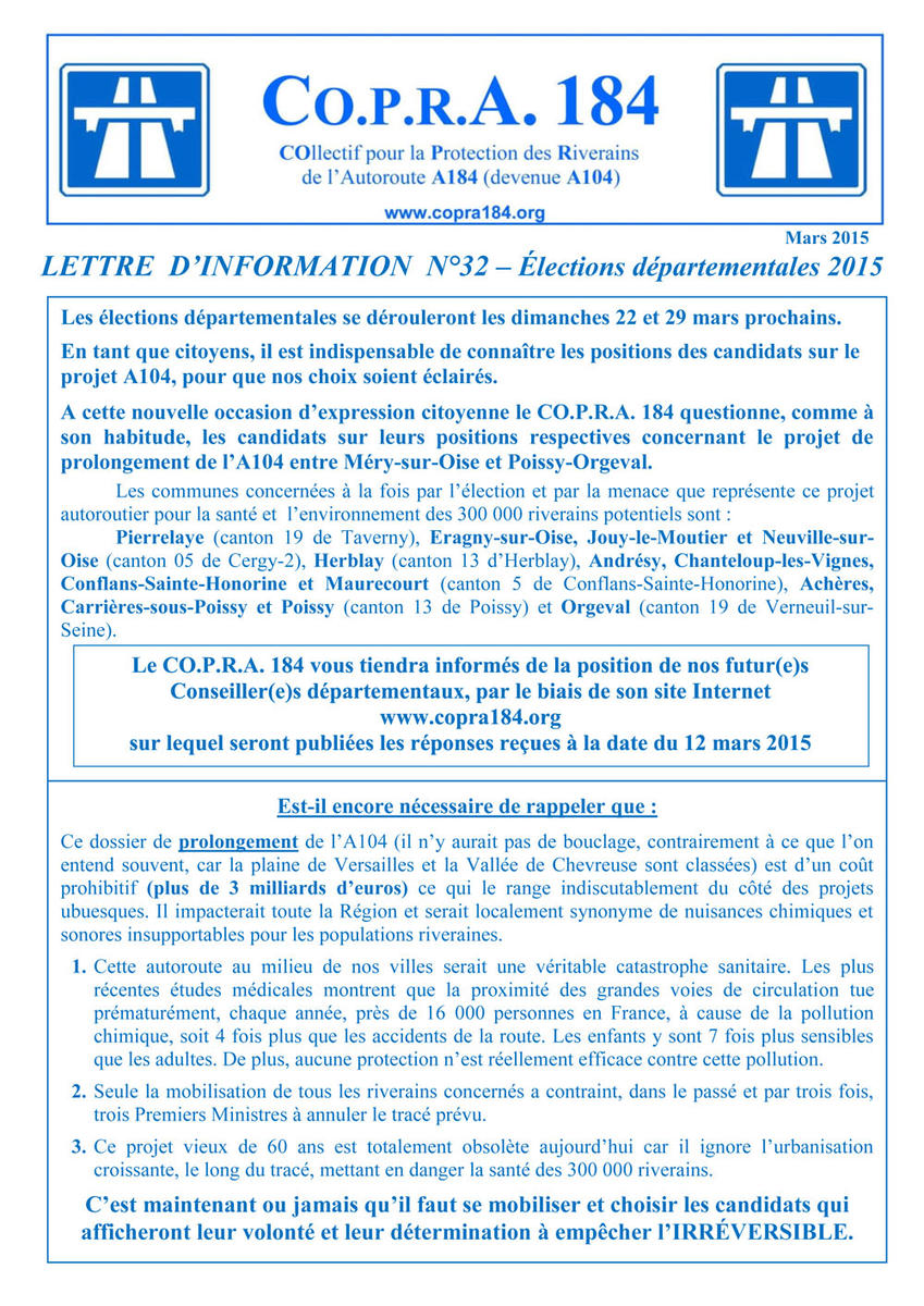 Élections Départementales de mars 2015 Lettre d'Information COPRA 184 n° 32