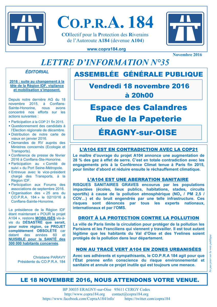 Lettre d'Information CO.P.R.A. 184 n°35 - Recto Lettre d'Information CO.P.R.A. 184 n°35 - Recto