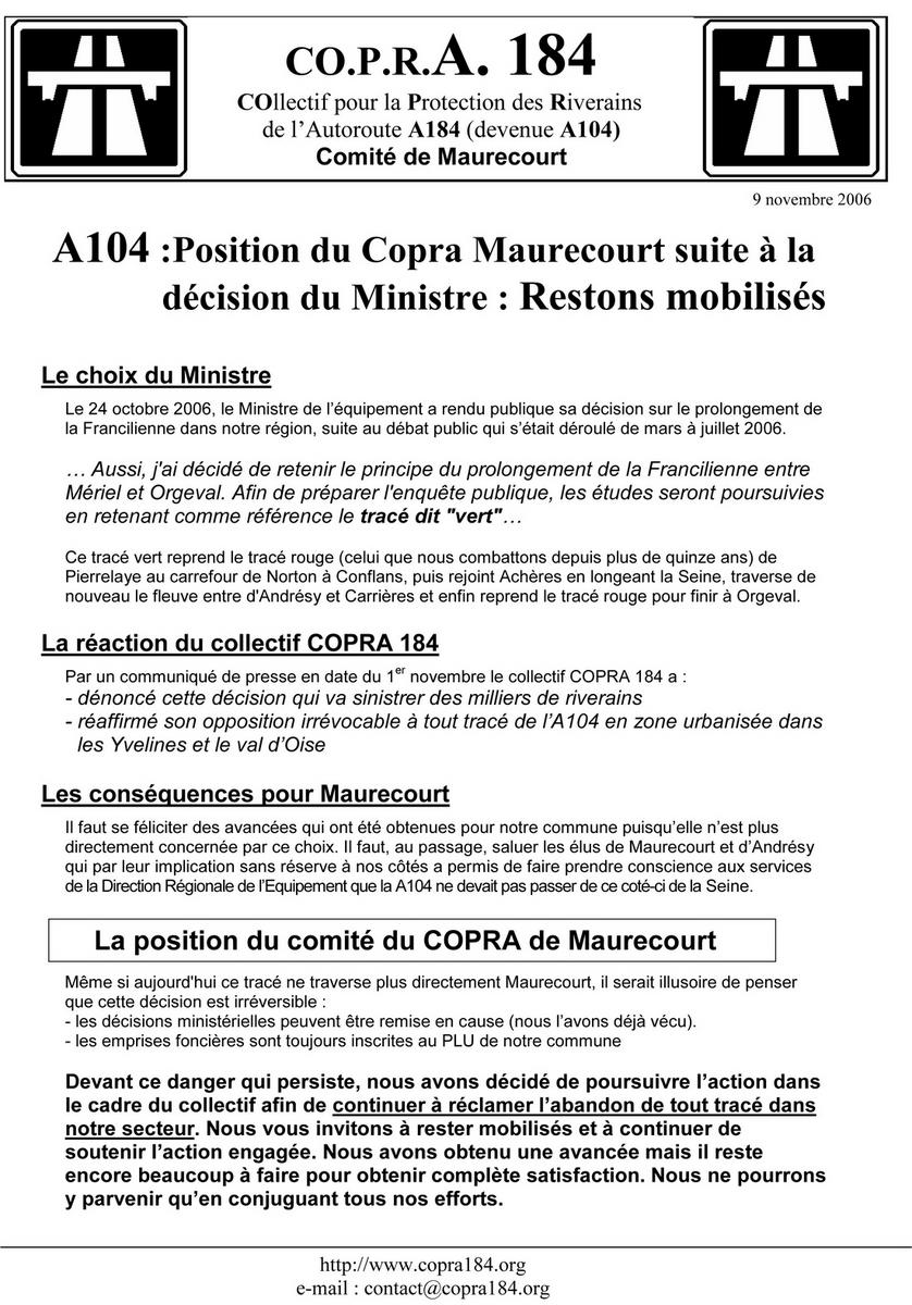Position COPRA Maurecourt Position du COPRA Maurecourt à l'issue du choix du tracé"vert"