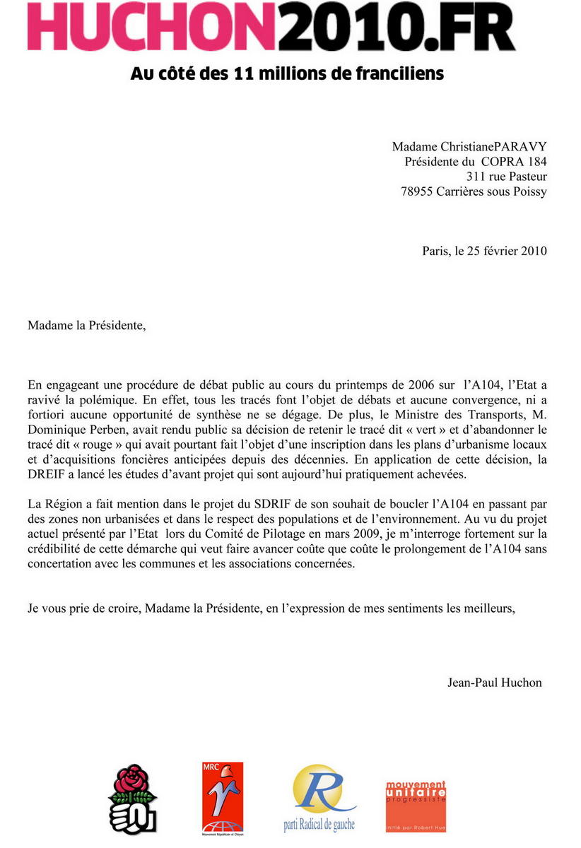 Position des candidats par rapport à l'A104 Réponse JP HUCHON à la résolution du COPRA 184