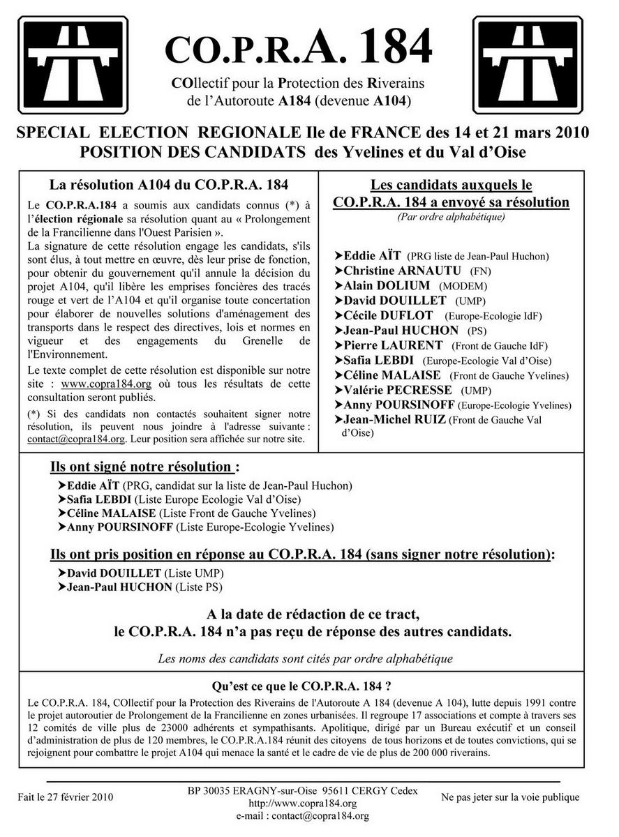 Position des candidats par rapport à l'A104 Tract Election Régionale 2010