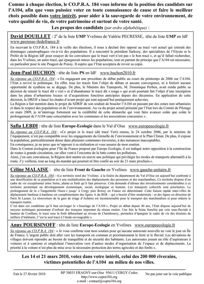 Position des candidats par rapport à l'A104 Tract Election Régionale 2010