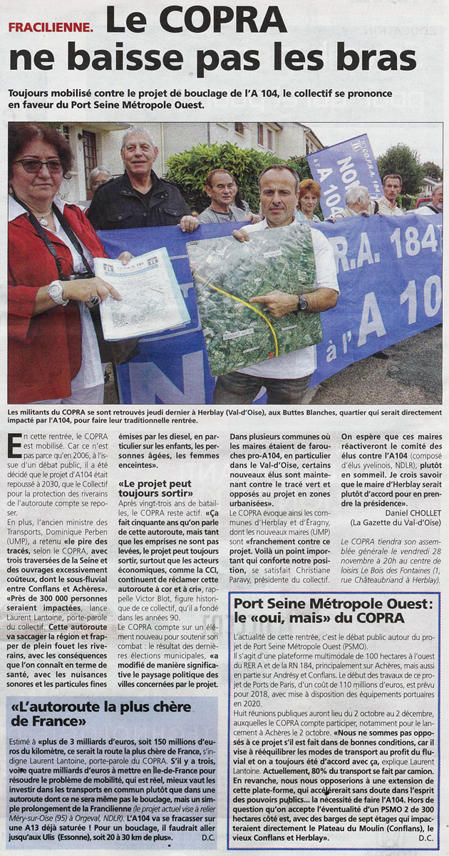 Le COPRA ne baisse pas les bras Courrier des Yvelines 10 septembre 2014