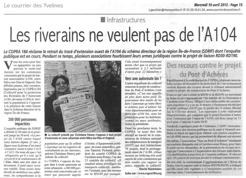 Les riverains ne veulent pas de l'A104 Article du courrier des Yvelines du 10/04/2013